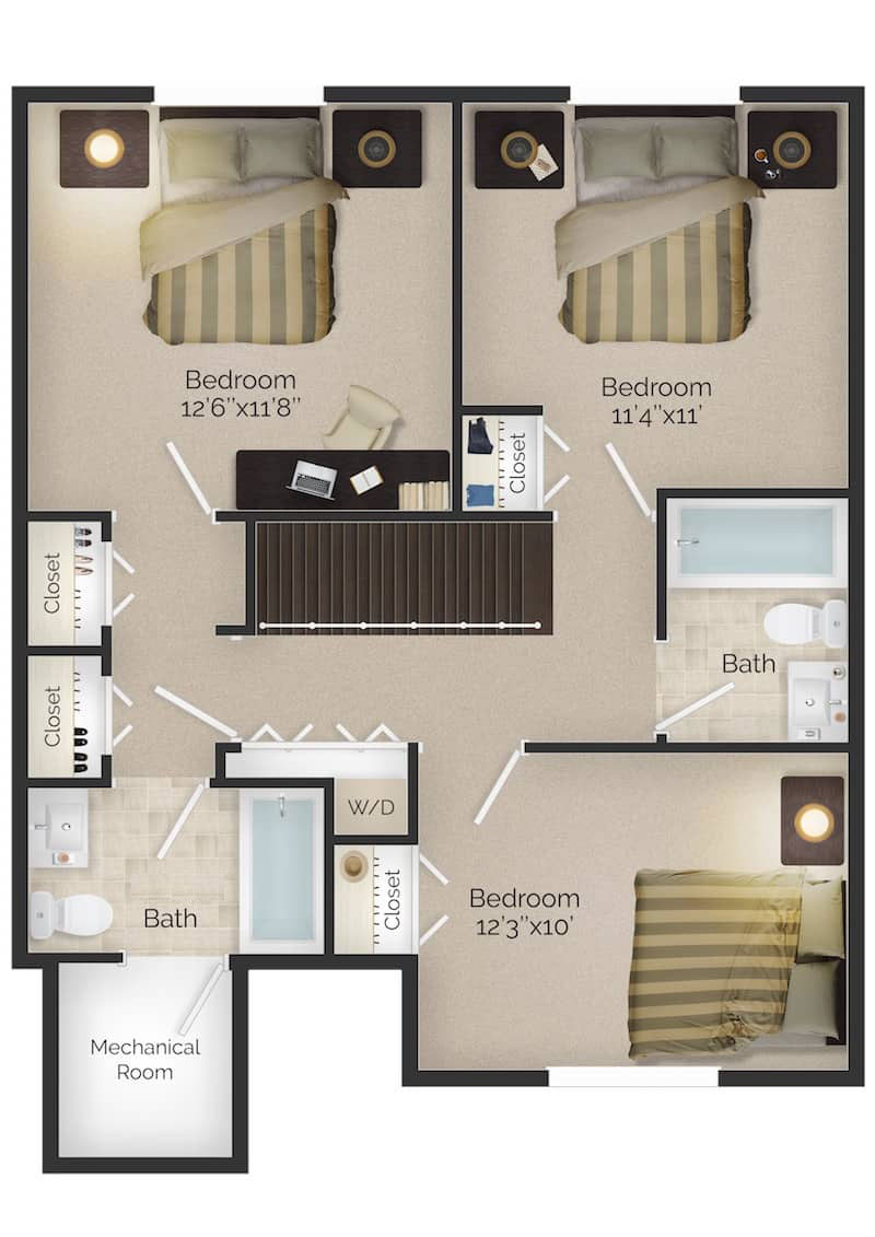 Hampton - 3 bedroom 2.5 bath - upper floor