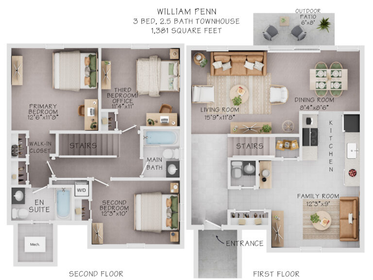 William Penn 3 bedroom 2.5 bathroom townhouse 1,381 square feet